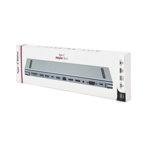 Концентратор Voltronic USB-C 12-in-1 USB-C + 2xUSB 2.0 + USB 3.0 + 2xHDMI + VGA + SD/TF + RJ45 + 3.5mm + PD 0.1m silver (YT-HTC12in1)