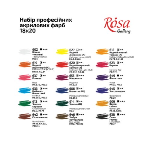 Акрилові фарби Rosa Gallery 18 x 20 мл блістер (4823098538165)