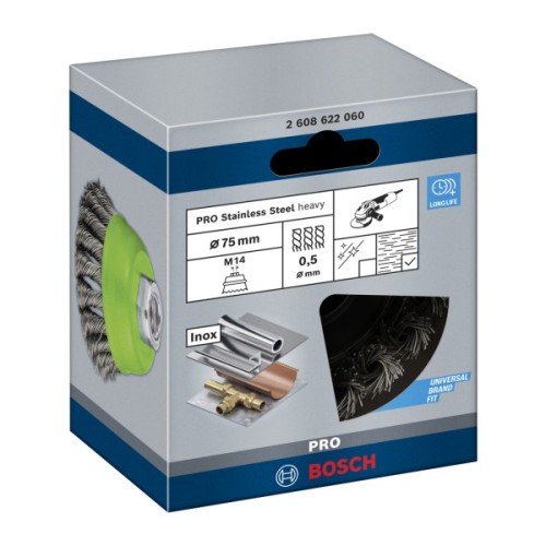 Щітка для електроінструменту Bosch Professional чашкова, нержавіюча 75мм, 0.5мм, M14 (2.608.622.060)