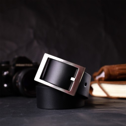 Ремінь Grande Pelle Шкіряний брючний з квадратною пряжкою Чорний (11678)