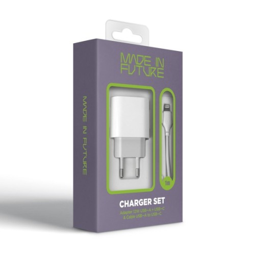 Зарядний пристрій MadeInFuture MFS12 12W 1xUSB-A + 1xUSB-C + cable USB-A to Lightning White (MIF82823)