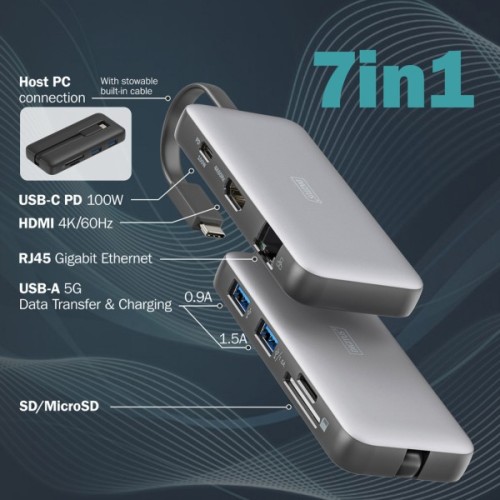 Порт-реплікатор Digitus USB-C > HDMI/2xUSB-A/USB-C/SD/MicroSD/RJ54 (DA-70914)