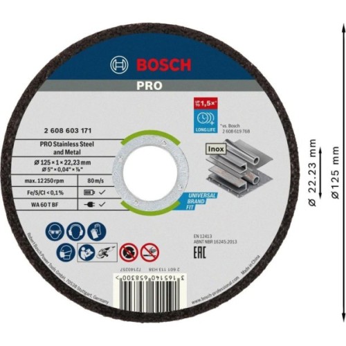 Круг відрізний Bosch Professional, для нержавіючої сталі та металу, 125×1×22.23 mm (2.608.603.171)