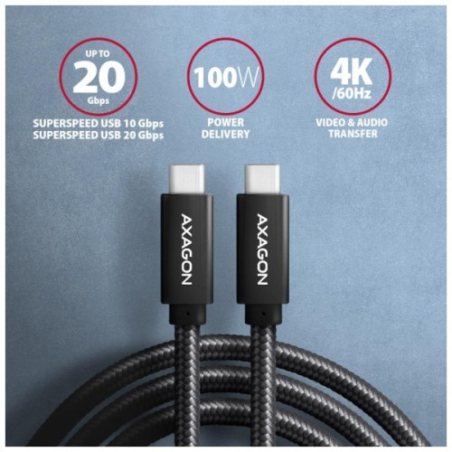 Дата кабель USB-C to USB-C 2.0m USB 3.2 Gen 2 PD 100W 5A 4K black AXAGON (BUCM32-CM20AB)