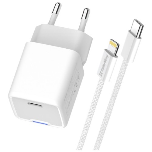 Зарядний пристрій ColorWay C101D GaN Mini 20W PD PPS USB-C + cable USB-C to Lightning white (CW-CHS059PDL-WT)