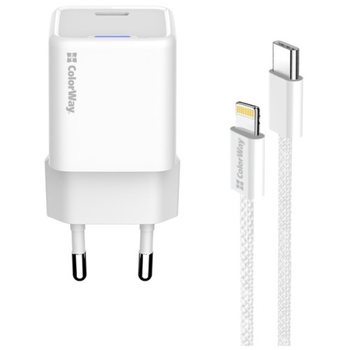 Зарядний пристрій ColorWay C101D GaN Mini 20W PD PPS USB-C + cable USB-C to Lightning white (CW-CHS059PDL-WT)