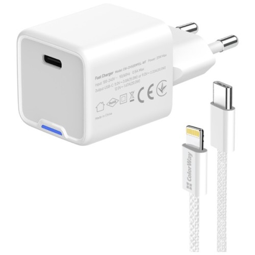 Зарядний пристрій ColorWay C101D GaN Mini 20W PD PPS USB-C + cable USB-C to Lightning white (CW-CHS059PDL-WT)