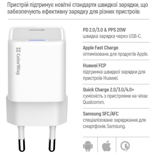 Зарядний пристрій ColorWay C101D GaN Mini 20W PD PPS USB-C + cable USB-C to Lightning white (CW-CHS059PDL-WT)