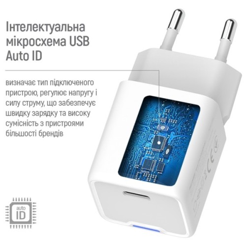 Зарядний пристрій ColorWay C101D GaN Mini 20W PD PPS USB-C + cable USB-C to Lightning white (CW-CHS059PDL-WT)