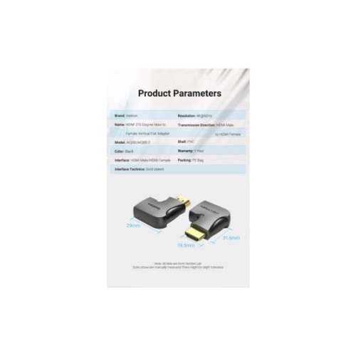 Перехідник HDMI M to HDMI F 4K60Hz 90° corner black Vention (AIQB0)