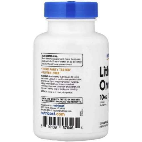 Вітамінно-мінеральний комплекс Nutricost Літій оротат, 10 мг, Lithium Orotate, 120 капсул (NCS57646)