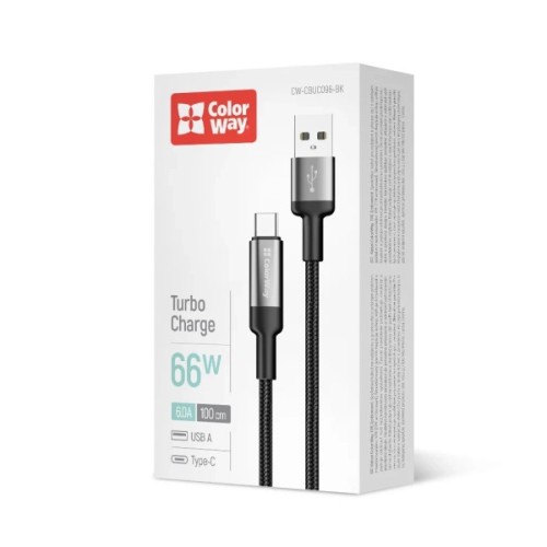Дата кабель USB 2.0 AM to USB-C 1.0m 6A braided wire black ColorWay (CW-CBUC096-BK)