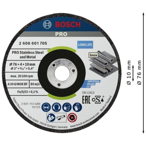 Круг відрізний Bosch Professional, для нержавіючої сталі та металу, 76×4×10 mm, 2 шт (2.608.601.705)