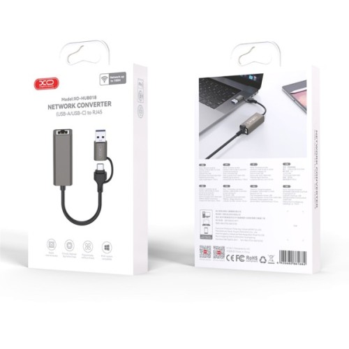 Адаптер USB-C + USB A to RJ45 Ethernet 100Mbps XO (HUB018.black)