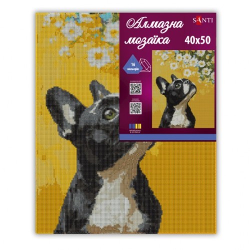 Картина по номерам Santi алмазна мозаїка Бульдог і квіти 40х50 см на підрамник (956048)