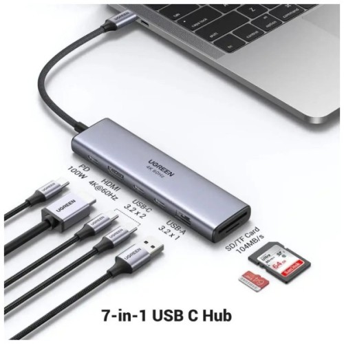 Концентратор Ugreen USB-C 7-in-1 2xUSB 3.0 + 2xUSB-C + HDMI 4K60Hz + SD/TF + PD 100W (45521)