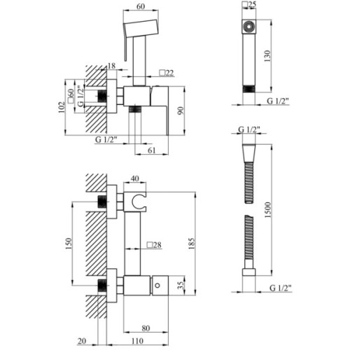 Душовий гарнітур Kroner Edelstahl Kubus-SCH082 + змішувач Edelstahl Kubus-SCH010-3 + змішувач Edelstahl Kubus-SCH052 (CVS30180)