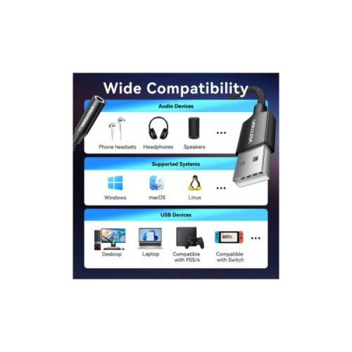 Звукова плата Vention USB AM to 3.5mm F 0.25m (4pin) 96kHz/24bit DSP noise reduction (CVEBC)