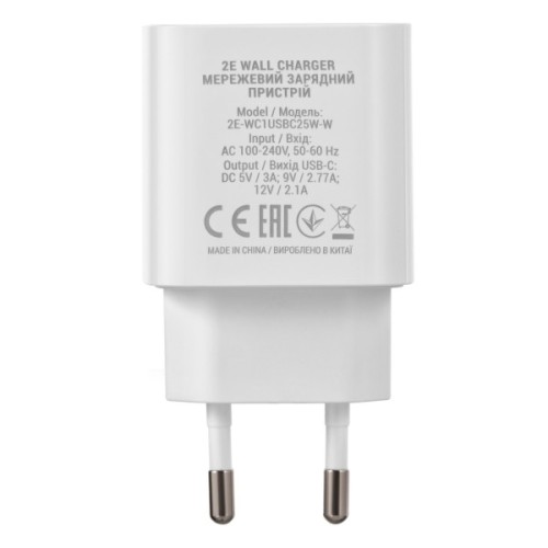 Зарядний пристрій 2E 25W USB-C PD white (2E-WC1USBC25W-W)