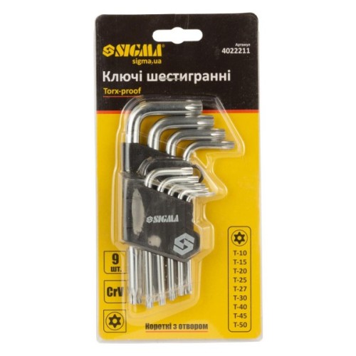 Ключ Sigma набір TORX 9шт T10-T50 CrV, короткі з отвором (4022211)