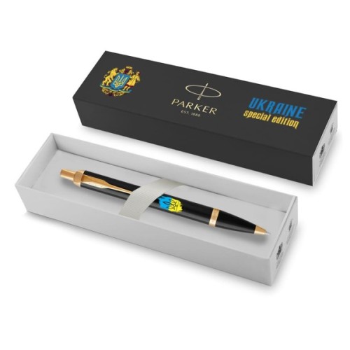 Ручка кулькова Parker IM 17 UKRAINE Black GT BP Тризуб фігурний на тлі прапора (22032_T1026u)