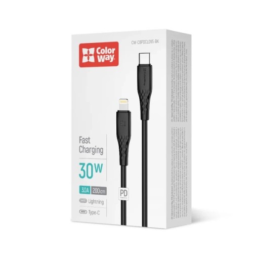 Дата кабель USB-C to Lightning 2.0m PD30W textured PVC black ColorWay (CW-CBPDCL095-BK)