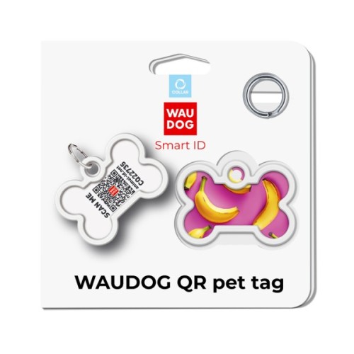 Адресник для тварин WAUDOG Smart ID з QR паспортом "Банани на рожевому", кістка 40х28 мм (231-4055)