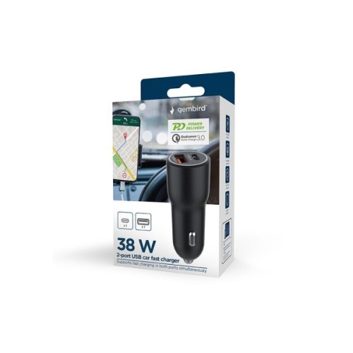 Зарядний пристрій Gembird 1xUSB-C PD20W + 1xUSB QC3.0 car adapter black (TA-UC-AC2PDQC38-CAR-01)