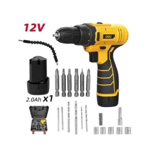 Шуруповерт Deli 12V, 2Ah, 3Nm, насадки+набір свердл і біт (EDL-DZ12-6A2)