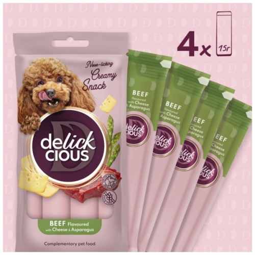 Ласощі для собак Delickcious яловичина з додаванням сиру та спаржі 4х15 г (4820269145429)