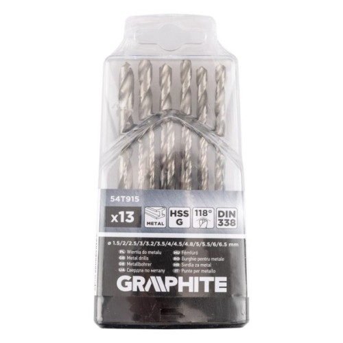 Набір свердл Graphite по металу, HSS-G, 1.5–6.5мм, кейс, 13шт (54T915)