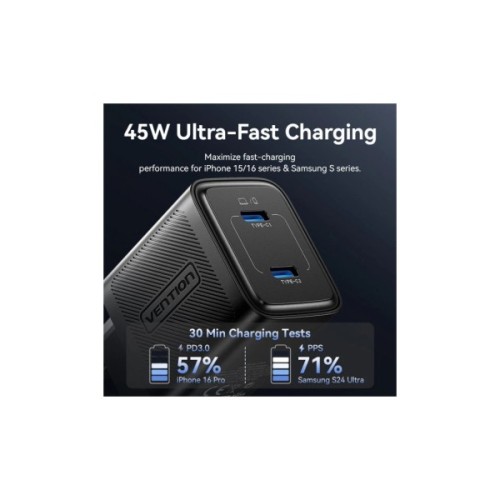 Зарядний пристрій Vention 2xUSB-C PD45W GaN black (FEFB0-EU)