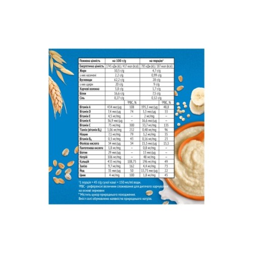 Дитяча каша Gerber Молочна швидкорозчинна пшенично-вівсяна з кіноа та бананами з 6 місяців 240 г (1100419)