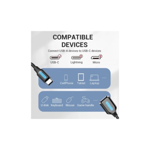 Перехідник OTG USB 2.0 AF to USB-C 0.15m black Vention (CCSBB)