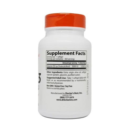 Вітамін Doctor's Best Вітамін D3 5000IU, 360 желатинових капсул (DRB-00250)