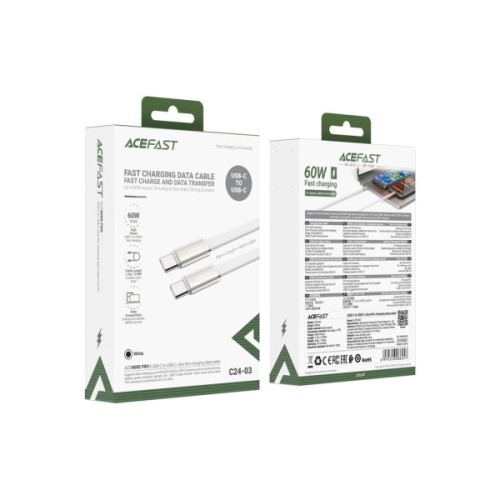 Дата кабель USB-C to USB-C 1.2m 60W 3A nylon white Acefast (6974316286257)