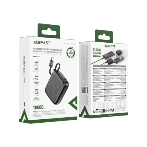 Батарея універсальна Acefast 10000mAh, 20W, PD, QC/3.0, build Type-C cable, M15, Black (6974316283973)