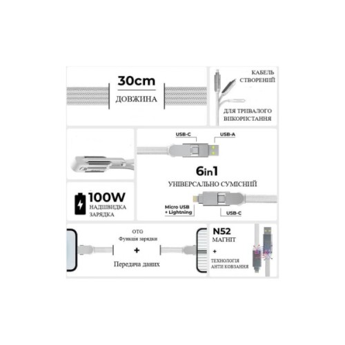 Дата кабель 6in1 inCharge XL 0.3m white Rolling Square (XLS02R)