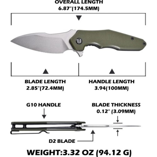 Ніж Hightron Mini Ventura, D2, G10, зелений, сталевий stonewash клинок (HK05GRNS)