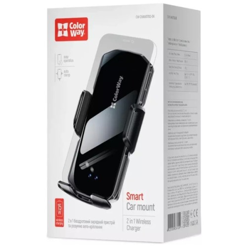 Універсальний автотримач ColorWay FlameGrip, автозажим, Wireless Charger 15W Black (CW-CHAW070Q-BK)