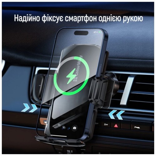 Універсальний автотримач ColorWay FlameGrip, автозажим, Wireless Charger 15W Black (CW-CHAW070Q-BK)