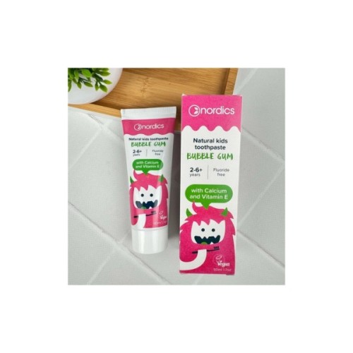 Дитяча зубна паста Nordics Kids Bubble Gum, 50 мл, 26 років, з гідроксиапатитом та кальцієм, без фтору, зі смаком жувальної (3800500324456)