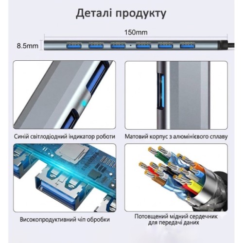 Концентратор Dynamode USB-C + UAB-A to 1xUSB 3.0 + 6xUSB 2.0 gray (DM-UH-701AC)
