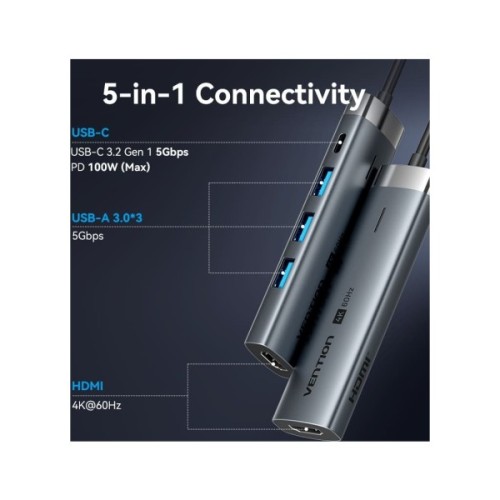 Концентратор Vention USB-C 5-in-1 3xUSB 3.0 + HDMI 4K60Hz + USB-C PD100W gray (TGMHB)