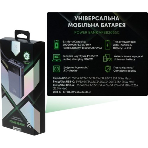 Батарея універсальна Vinga 20000 mAh 65W Display USB-C Cable Grey (VPBB2065C)