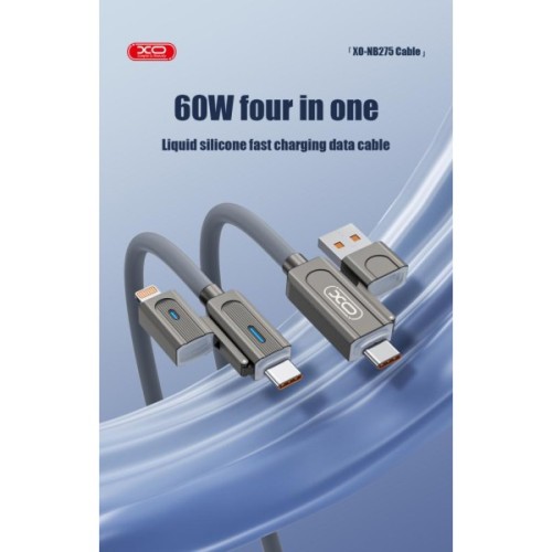 Дата кабель USB 2.0 AM to USB-C + USB 2.0 AM to Lightning 1.0m 60W gray XO (NB275_4-in-1_Gray)