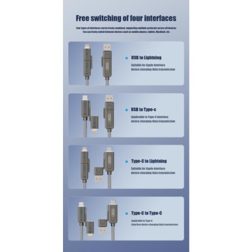 Дата кабель USB 2.0 AM to USB-C + USB 2.0 AM to Lightning 1.0m 60W gray XO (NB275_4-in-1_Gray)