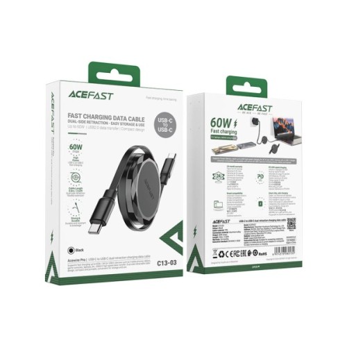 Дата кабель USB-C to USB-C 0.8m 60W dual retraction C13-03 Black Acefast (6974316280132)