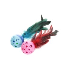 Іграшка для котів Hippie Pet М'ячики пластикові з пір'ям різнокольорові 18 см 2 шт (HIPCT22037)
