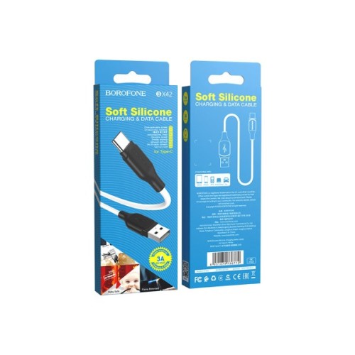 Дата кабель USB 2.0 AM to USB-C 1.0m 3A silicone BX42 white BOROFONE (6931474736772)